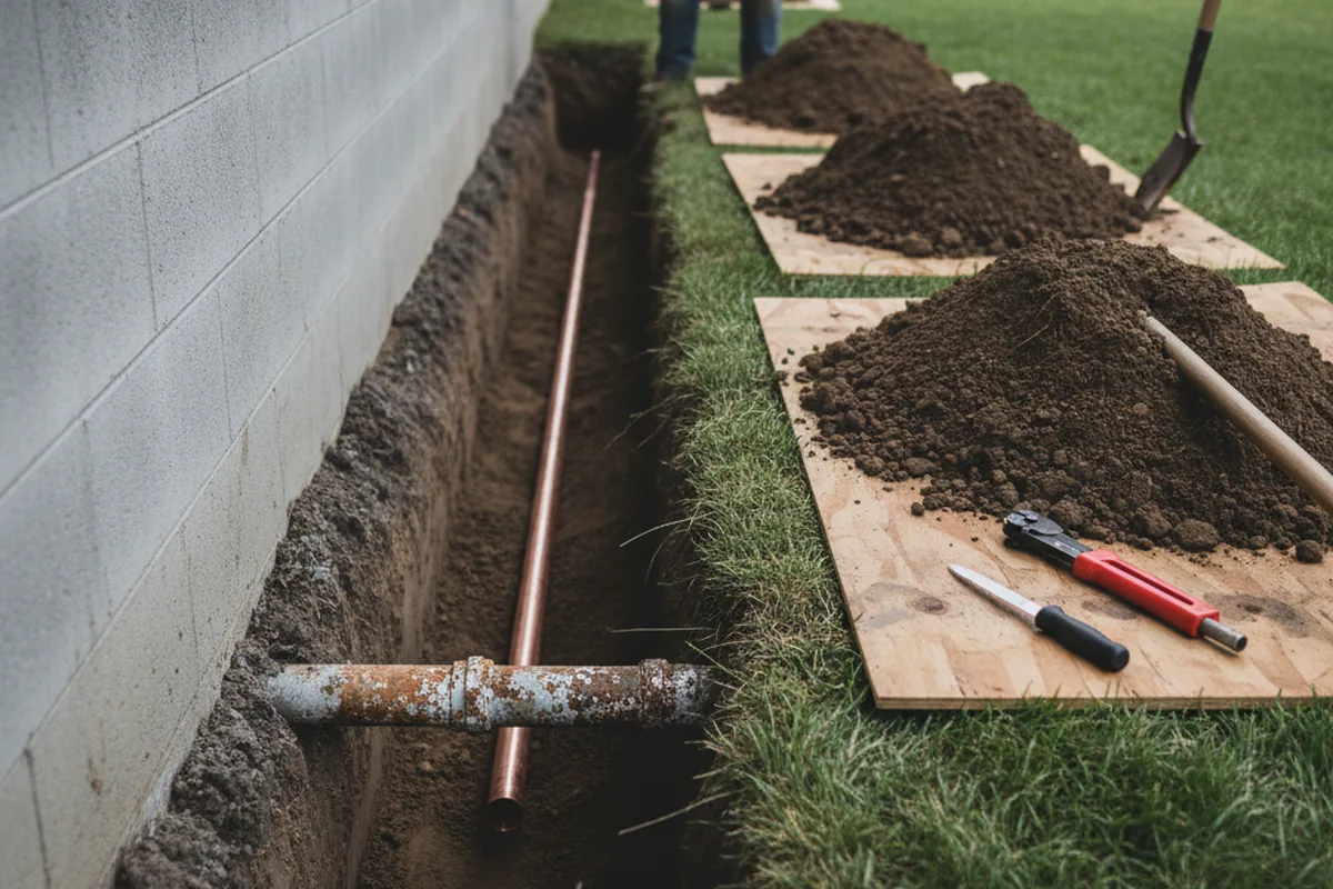 Excavated water line trench during Water Softener Installation in Carlton